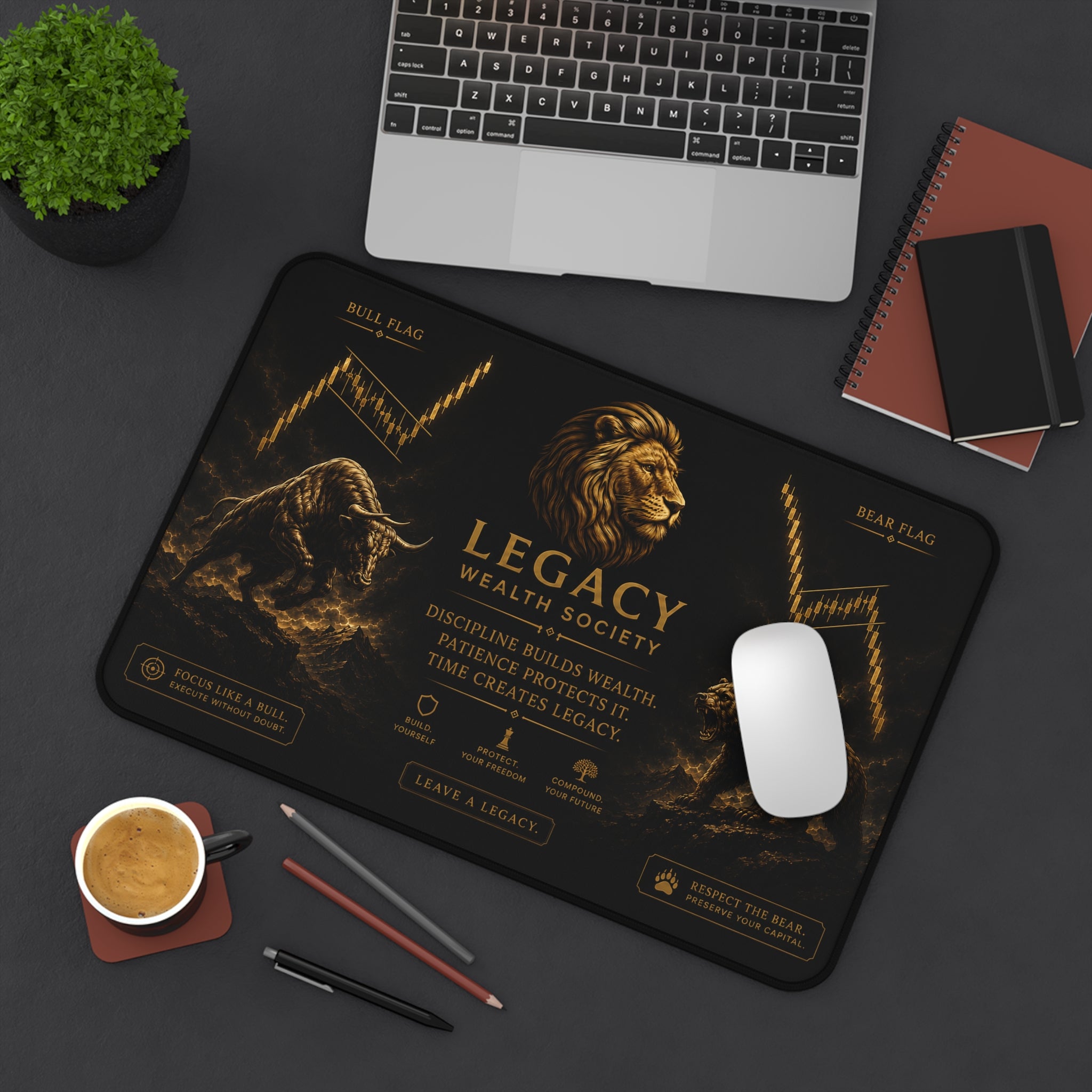 Legacy Wealth Society Desk Mat — Lion, Bull & Bear Motivational Office Mousepad