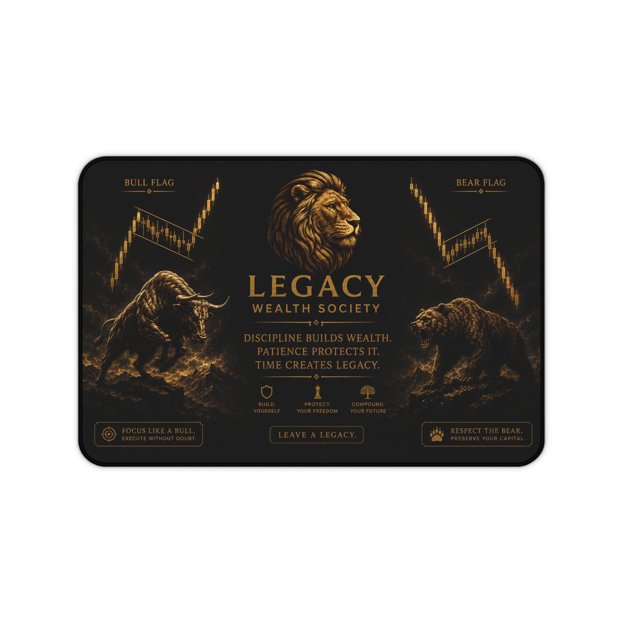 Legacy Wealth Society Desk Mat — Lion, Bull & Bear Motivational Office Mousepad